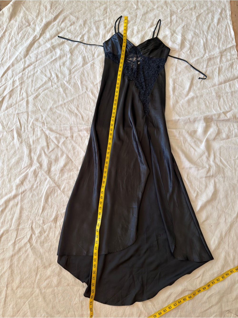 La vie en rose Lace-Accent Black Satin Slip Dress with Thigh Slit small - Picture 13 of 14